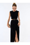 Metal Accessory Detailed Window-Pane Design Crew Neck Sleeveless Slit Midi Velvet Dress - 5