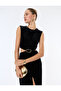 Metal Accessory Detailed Window-Pane Design Crew Neck Sleeveless Slit Midi Velvet Dress - 3