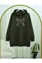 Bow Detailed Hooded Combed Cotton Sweatshirt - Khaki - 4