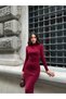 Women's Burgundy High Collar and Long Sleeve Midi Dress with Side Shoulder Draping Detail - 2
