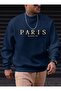 Men's Petrol Blue Paris Romantic City Printed Crew Neck Sweatshirt