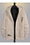 Men's Beige Believe Print Hooded Oversized Cardigan