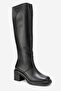 Fros Black Skin Genuine Leather Women's Thick Heeled Boots - 3