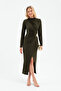 Women's Khaki Slim Fit Accessory Detailed Midi Dress