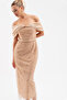 Women's Beige Slim Fit Boat Neck Midi Beaded Evening Dress - 2