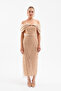 Women's Beige Slim Fit Boat Neck Midi Beaded Evening Dress