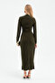 Women's Khaki Slim Fit Accessory Detailed Midi Dress - 6