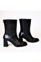 Black Leather Thick Heeled Women's Boots with Back Zipper - 5
