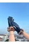 Women's Black Leather-Look Winter Gloves - Stylish Model with Plush Wrist Detail