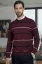 Men's Striped Detailed Burgundy Crew Neck Standard Regular Fit Blended Knit Sweater
