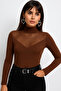 Women's Brown Turtleneck Blouse with Tulle Detail on the Front - 2
