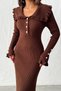Women's Brown Elegant Long Knit Dress with Sleeve Button and Ruffle Details (New Color) - 6