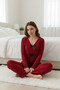 Women's Burgundy Bowknot Lingerie and Long Sleeve V-Neck Pajama Set 4-Piece Set - 3
