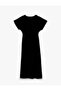 Slim Fit Short Batwing Sleeve Double-Breasted V-Neck Midi Length Velvet Dress - 4