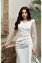 White Sleeve Embroidered D Draped Tailed Evening Dress - 5
