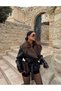 Women's Fur Collar Belted Leather Jacket Premium Quality Brown - 3
