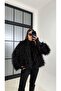 Black Fringed Long Fur Coat Jacket - 7055 - 3