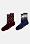 Burgundy-Navy Blue Men's 2-Piece Christmas Socks with Tree Pattern - 2