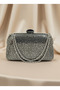 Platinum Color Stone Chain Detailed Chain Handle Women's Evening Dress Bag Wedding Engagement Graduation - 6