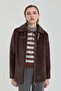 Leather Detailed Angora Short Coat Brown - 6