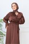 Brown Satin Belted Flounce Sleeve Hijab Maxi Dress - 7