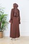 Brown Satin Belted Flounce Sleeve Hijab Maxi Dress - 5