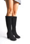 Black Suede Women's Boots Thick Heeled Platform Zippered Below-The-Knee Boots Seli - 6