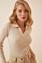 Women's Cream Polo Collar Ribbed Crop Knit Sweater VA00028 - 3