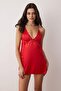Kırmızı Saten Dantel ve Yırtmaç Detaylı İp Askılı Dokuma Babydoll/Fantezi Gecelik THMSS25CY00001 - 2