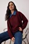 Bordo Denim Yaka Garnili Yumuşak Dokulu Triko Kazak TWOAW26KZ00278