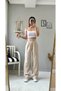 Women's High Waist Velcro Pleated Beige Palazzo Trousers - 4