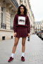 Burgundy Crew Neck Fleece-Lined Printed Oversized Sweatshirt - 2