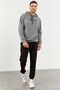Gray Melange - Black Hooded Kangaroo Pocket Elastic Leg Men's Standard Fit Tracksuit Set - 85117