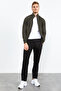 Khaki - Black Mock Neck Zippered Standard Fit Classic Leg Men's Tracksuit Set - 85152