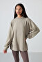 Dark Beige Balloon Sleeve Letter Embroidered Women's Comfortable Fit Tunic Sweatshirt - 97163