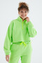 Pistachio Green Off-Shoulder Gathered Waist Half-Length Zippered Standard Fit Women's Tracksuit Set - 95321 - 2