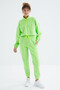 Pistachio Green Off-Shoulder Gathered Waist Half-Length Zippered Standard Fit Women's Tracksuit Set - 95321