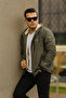 Men's Furry Water Resistant Hooded Pocket Raincoat Khaki - 5