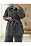 Buttoned Denim Suit with Pockets and Belt - Smoked - 3