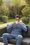Men's Long Sleeve Blue Color Pajama Set with Writing on the Front - 4