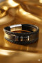 Men's Bracelet Genuine Leather - Black Silver Straw Knitted Stylish Modern - 2