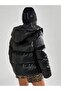 Women's Black Hooded Puffer Faux Leather Coat - 6