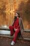 Red Cotton Ribbed Women's Blouse and Pants Two-Piece Set - 4