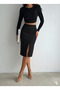 Women's Black Color Button Detailed Knitted Ribbed Camisole Fabric Slit Midi Length Skirt Seasonal