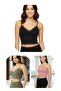 3-Piece Crop Set with Straps, Lace, Padded Bustier Bralette, 95% Cotton (1- Khaki-Green, 1-Pink, 1-Black) - 2