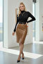 Women's Leather Skirt with Front Slit Detail, Brown - 5