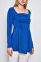 Women's Stretchy Viscose Square Neck Gathered Front Long Sleeve Knitted Tunic-Sax - 3