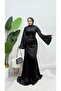 Bell Sleeve Tailed Satin Modest Evening Gown - 4