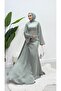 Bell Sleeve Tailed Satin Modest Evening Gown - 4