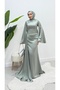 Bell Sleeve Tailed Satin Modest Evening Gown - 3